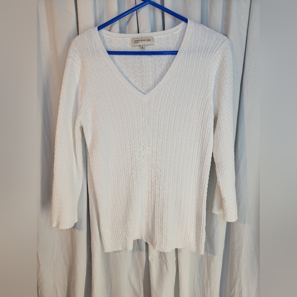 Jones New York White V-Neck Baby-Cableknit Sweater